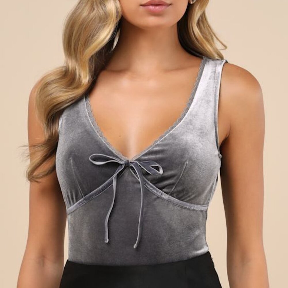 Lulus Dreamy Chicness Dark Grey Velvet Sleeveless Bodysuit - Size XL